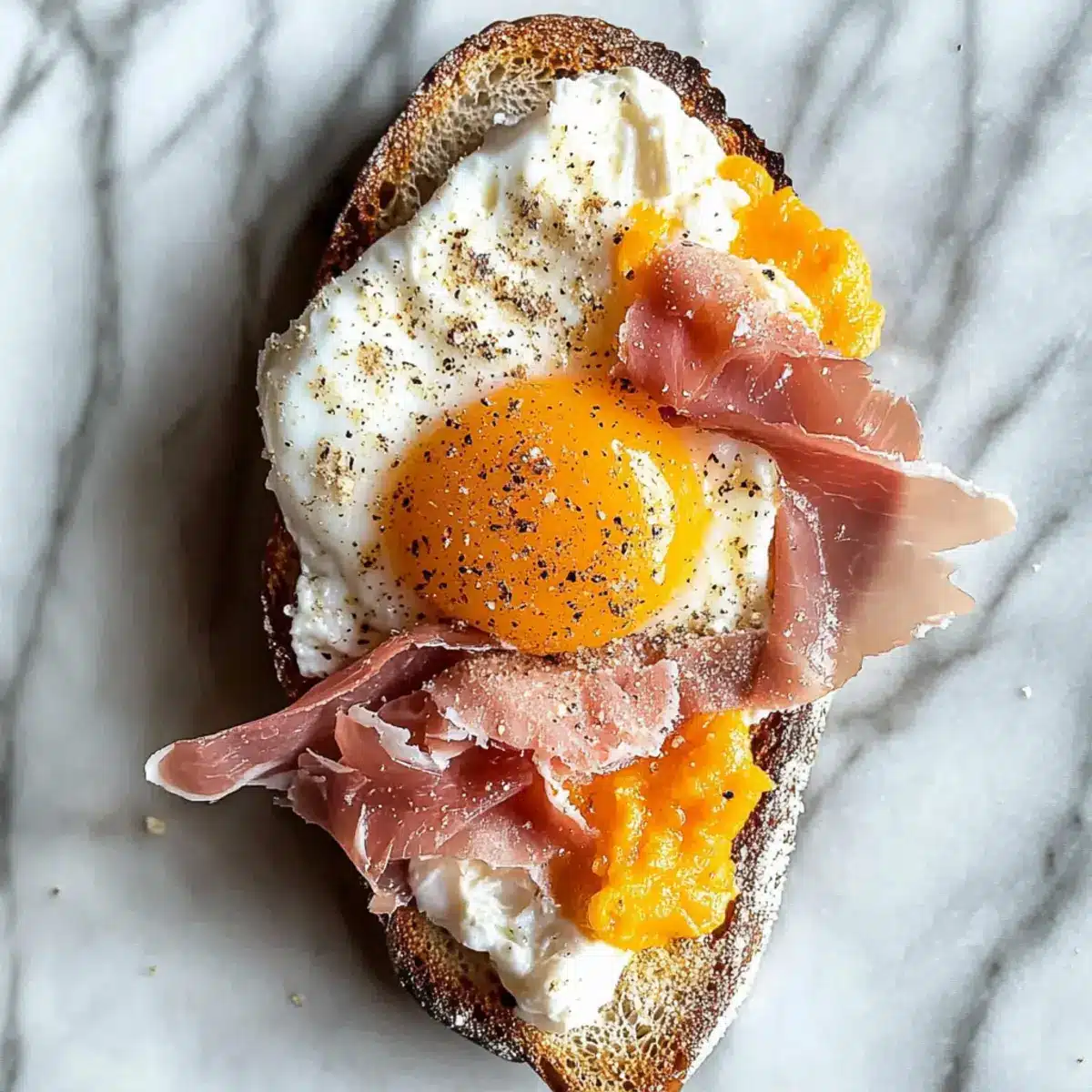Fried Egg Yolk, Burrata and Prosciutto Toast